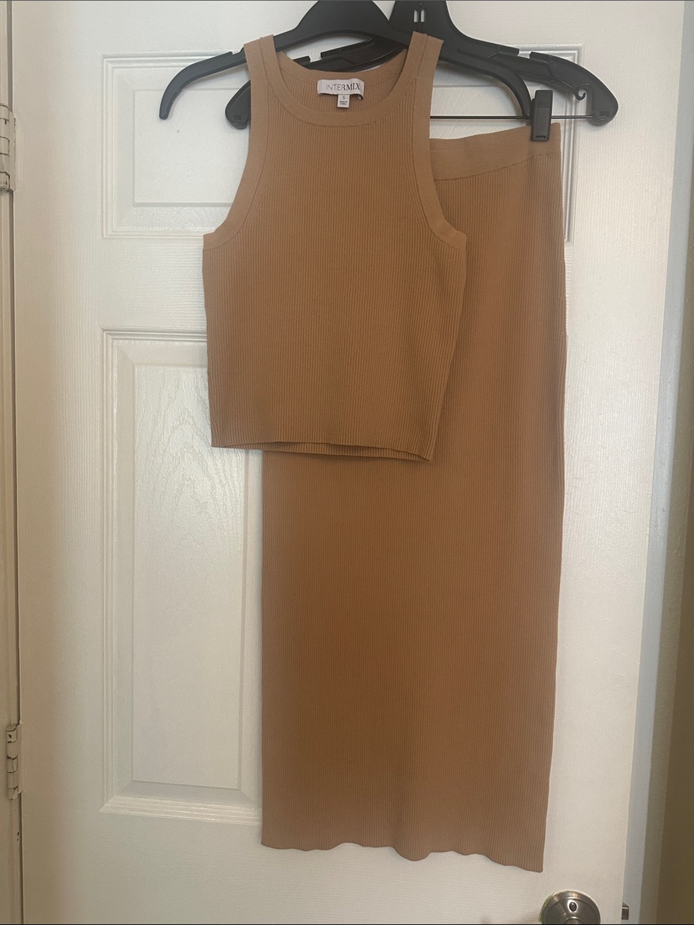 Intermix Ribbed Tank and Midi Skirt Set in Camel - Small